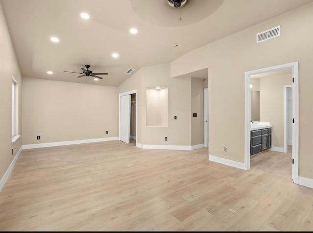 1656 N Cecelia Ave, Fresno, CA 93722 - unfurnished room featuring ceiling fan, light wood finished floors, baseboards, recessed lighting, and lofted ceiling