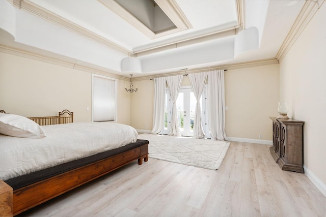 14215 Killarney Dr, Madera, CA 93636 - bedroom with ornamental molding, wood finished floors, a tray ceiling, and baseboards