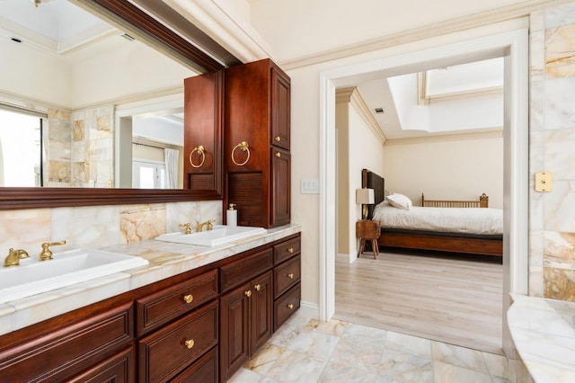 14215 Killarney Dr, Madera, CA 93636 - bathroom with ensuite bath, double vanity, backsplash, crown molding, and marble finish floors