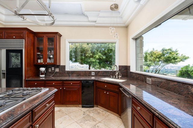14215 Killarney Dr, Madera, CA 93636 - kitchen featuring stainless steel appliances, a sink, dark brown cabinets, backsplash, and crown molding