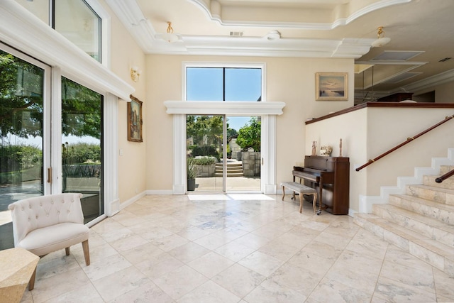 14215 Killarney Dr, Madera, CA 93636 - foyer featuring a high ceiling, crown molding, and stairway