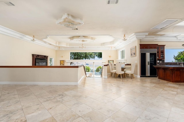 14215 Killarney Dr, Madera, CA 93636 - interior space featuring a raised ceiling, ornamental molding, a chandelier, and baseboards