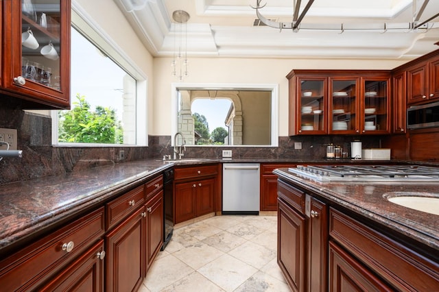 14215 Killarney Dr, Madera, CA 93636 - kitchen with stainless steel appliances, a sink, reddish brown cabinets, decorative backsplash, and crown molding