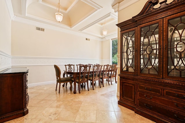 14215 Killarney Dr, Madera, CA 93636 - dining room featuring coffered ceiling, crown molding, baseboards, and beamed ceiling