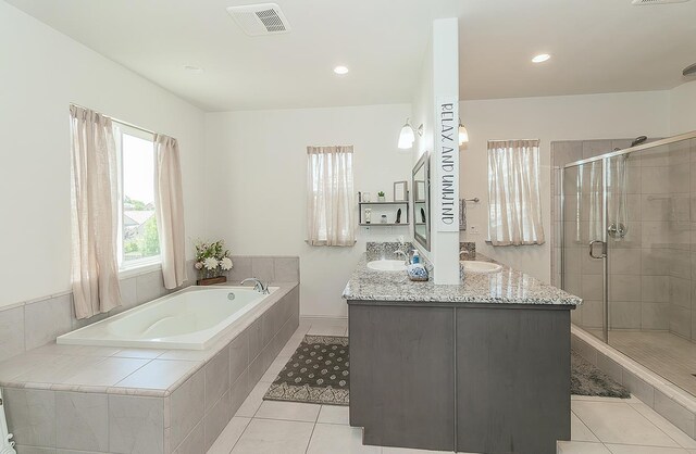 1523 N Ryan Ave, Clovis, CA 93619 - full bath featuring a bath, a shower stall, double vanity, tile patterned floors, and recessed lighting