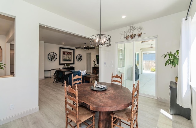 1523 N Ryan Ave, Clovis, CA 93619 - dining room with light wood-style flooring, baseboards, a chandelier, ceiling fan, and recessed lighting