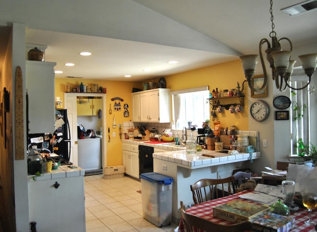 43379 Leach Rd, Ahwahnee, CA 93601 - kitchen featuring tile countertops, a sink, white cabinetry, black appliances, and washer / clothes dryer