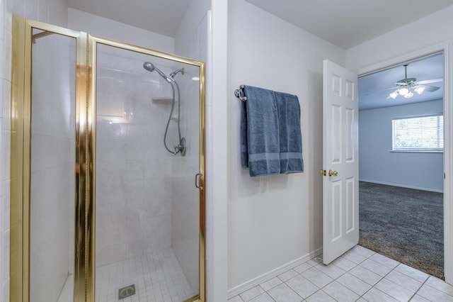1542 E Alluvial Ave Unit 224, Fresno, CA 93720 - bathroom featuring a stall shower, tile patterned flooring, ceiling fan, and baseboards