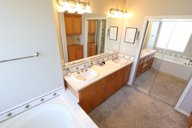 2143 Everglade Ave, Clovis, CA 93619 - full bath with double vanity, a garden tub, and carpet