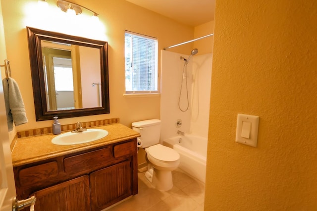 1866 E Goshen Ave, Fresno, CA 93720 - full bathroom with toilet, vanity, tub / shower combination, tile patterned floors, and a textured wall