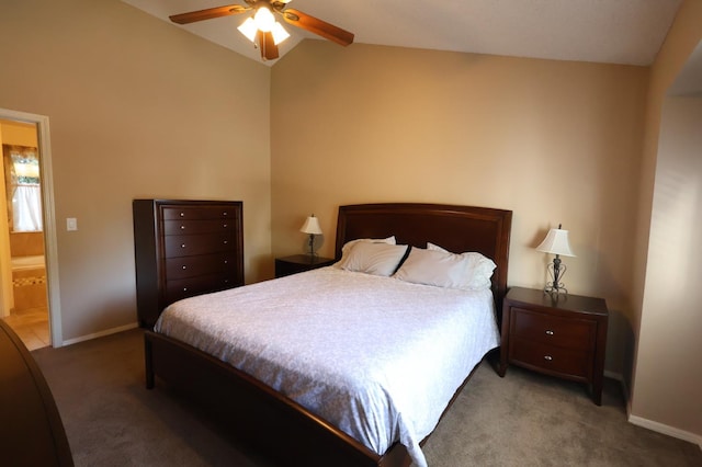 1866 E Goshen Ave, Fresno, CA 93720 - bedroom featuring carpet floors, vaulted ceiling, baseboards, and a ceiling fan