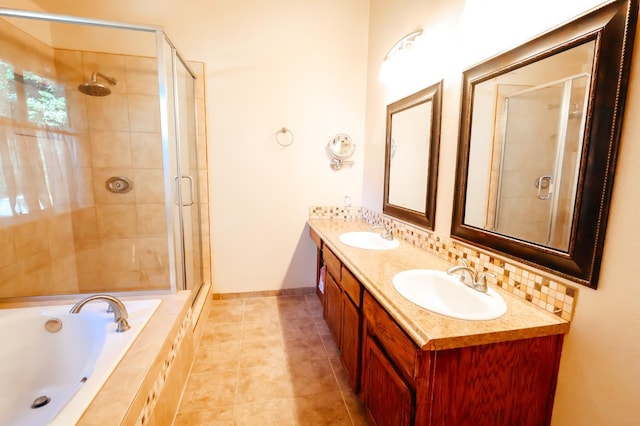 1866 E Goshen Ave, Fresno, CA 93720 - full bath featuring a shower stall, double vanity, a bath, backsplash, and tile patterned flooring