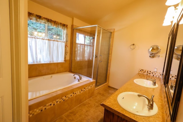 1866 E Goshen Ave, Fresno, CA 93720 - full bathroom with a stall shower, tile patterned floors, a garden tub, and double vanity