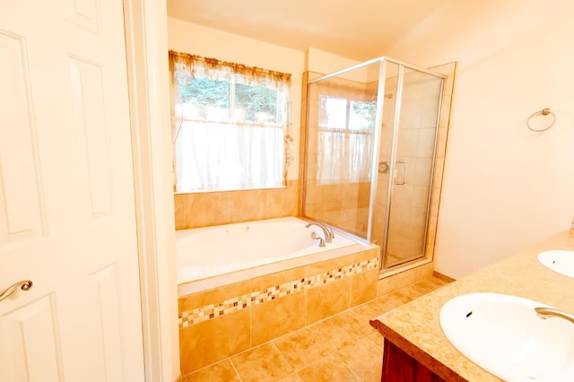 1866 E Goshen Ave, Fresno, CA 93720 - full bath with a shower stall, double vanity, a bath, and tile patterned floors