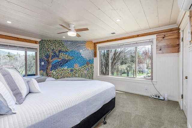55606 Rd 226, North Fork, CA 93643 - carpeted bedroom featuring multiple windows, wooden ceiling, ceiling fan, an AC wall unit, and recessed lighting