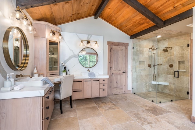 55606 Rd 226, North Fork, CA 93643 - full bathroom with wooden ceiling, two vanities, a shower stall, and stone tile floors