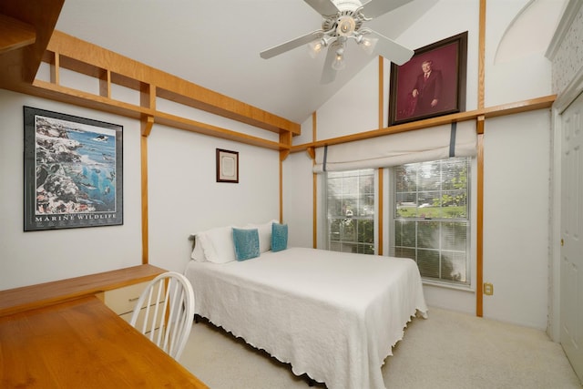 9109 N Chadwick Ln, Fresno, CA 93720 - bedroom featuring carpet flooring, high vaulted ceiling, and a ceiling fan