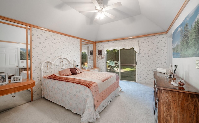 9109 N Chadwick Ln, Fresno, CA 93720 - carpeted bedroom featuring access to outside, lofted ceiling, and a ceiling fan
