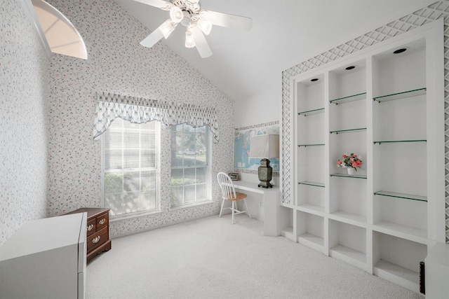 9109 N Chadwick Ln, Fresno, CA 93720 - carpeted office space with vaulted ceiling, wallpapered walls, and a ceiling fan