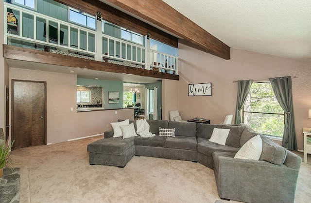 38830 Littlefield Rd, Shaver Lake, CA 93664 - living area featuring carpet flooring, beam ceiling, and high vaulted ceiling