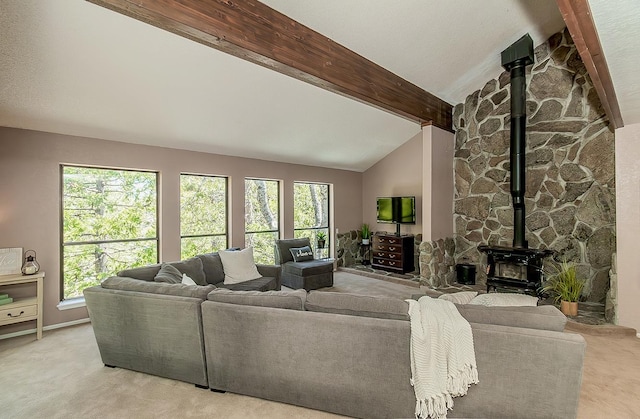 38830 Littlefield Rd, Shaver Lake, CA 93664 - living room featuring a wood stove and light carpet