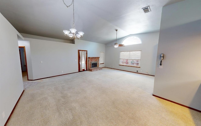 1604 W Central Ave, Madera, CA 93637 - unfurnished living room with a ceiling fan, lofted ceiling, carpet floors, a chandelier, and a fireplace