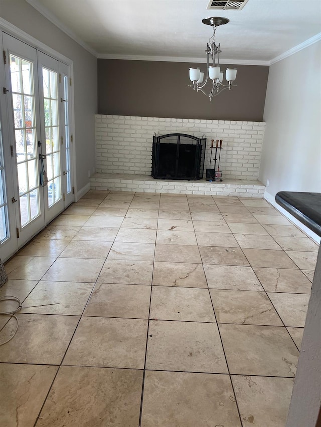 7371 N Highland, Clovis, CA 93619 - unfurnished living room with ornamental molding, french doors, a chandelier, light tile patterned floors, and a brick fireplace