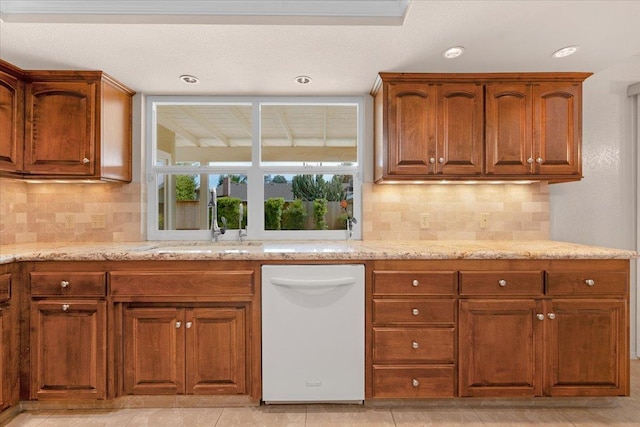 3595 W Magill Ave, Fresno, CA 93711 - kitchen featuring dishwasher, a sink, light stone countertops, tasteful backsplash, and recessed lighting
