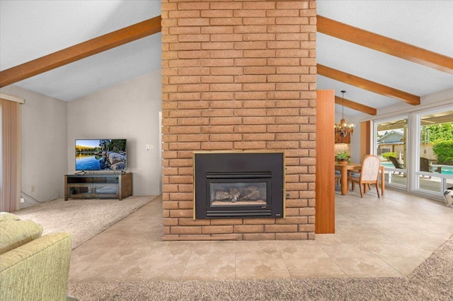 3595 W Magill Ave, Fresno, CA 93711 - living room featuring a chandelier, a fireplace, and tile patterned floors