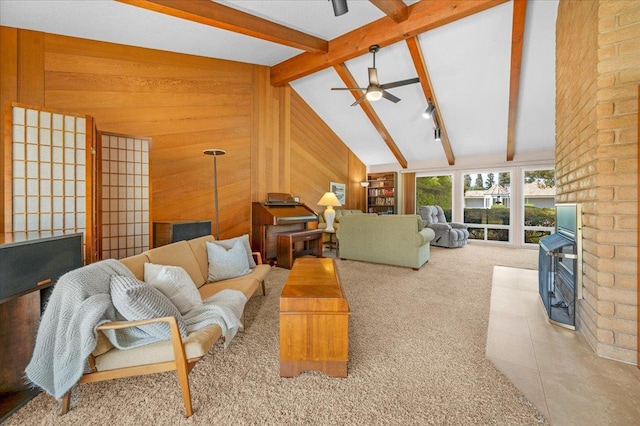 3595 W Magill Ave, Fresno, CA 93711 - carpeted living area with a ceiling fan, a brick fireplace, and wood walls