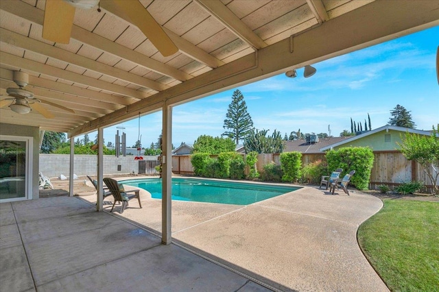 3595 W Magill Ave, Fresno, CA 93711 - view of swimming pool featuring a patio, ceiling fan, and a fenced backyard