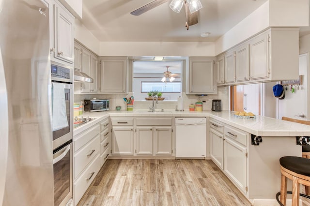 2934 N 8th St, Fresno, CA 93703 - kitchen with white dishwasher, a ceiling fan, a sink, and backsplash