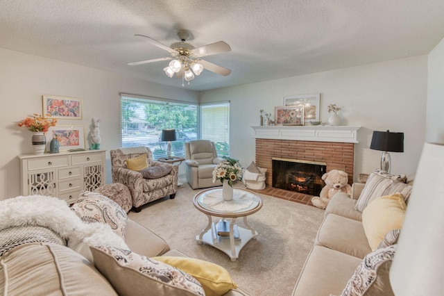 2934 N 8th St, Fresno, CA 93703 - carpeted living room featuring a ceiling fan, a brick fireplace, and a textured ceiling