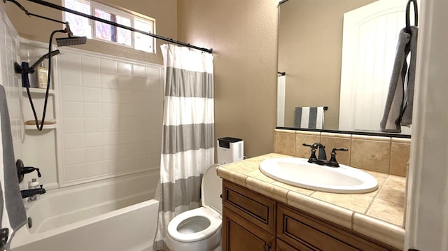 3257 Twain Ave, Clovis, CA 93619 - bathroom featuring tasteful backsplash, vanity, shower / bath combination with curtain, and toilet