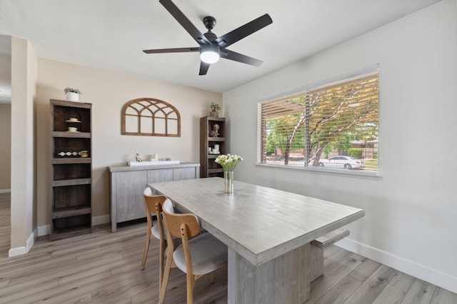 2051 E Fremont, Fresno, CA 93710 - dining area featuring light wood-style floors, a ceiling fan, and baseboards