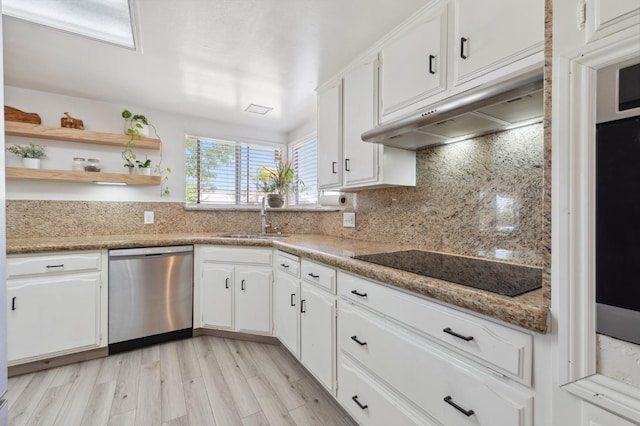 2051 E Fremont, Fresno, CA 93710 - kitchen with stainless steel dishwasher, a sink, under cabinet range hood, white cabinets, and backsplash