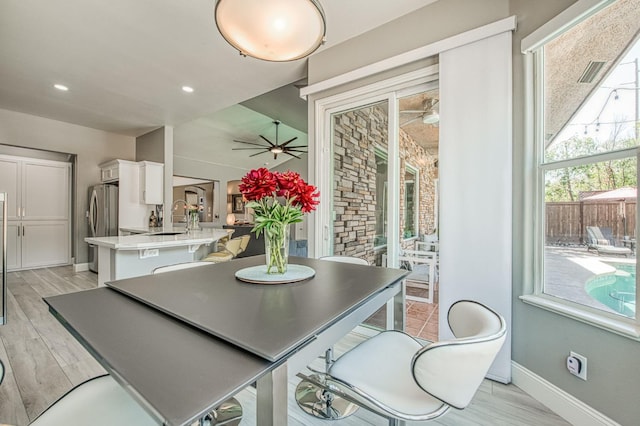 3081 Serena Ave, Clovis, CA 93619 - dining space featuring a ceiling fan, baseboards, and recessed lighting