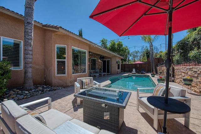 3081 Serena Ave, Clovis, CA 93619 - view of pool featuring a fenced backyard, a patio, and an outdoor living space
