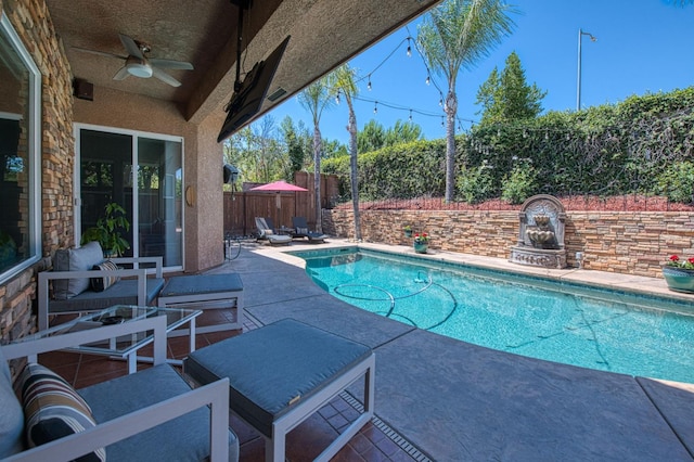 3081 Serena Ave, Clovis, CA 93619 - view of swimming pool with ceiling fan, a fenced backyard, and a patio area