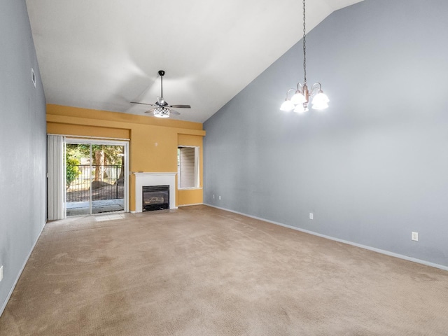 474 E Alluvial Ave Unit 139, Fresno, CA 93720 - unfurnished living room featuring lofted ceiling, a fireplace with flush hearth, a ceiling fan, carpet floors, and a chandelier