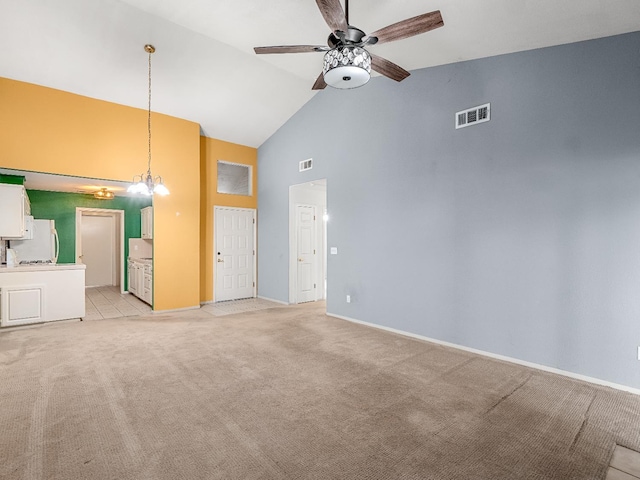474 E Alluvial Ave Unit 139, Fresno, CA 93720 - unfurnished living room featuring high vaulted ceiling, ceiling fan, light carpet, and baseboards