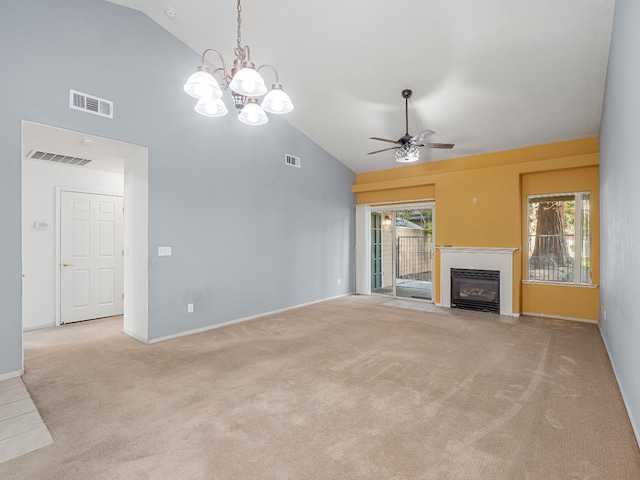 474 E Alluvial Ave Unit 139, Fresno, CA 93720 - unfurnished living room featuring ceiling fan, carpet flooring, high vaulted ceiling, a fireplace with flush hearth, and baseboards