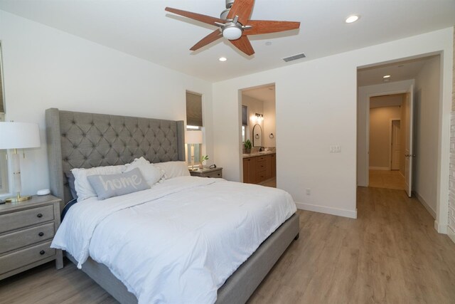 385 Fir St W, Madera, CA 93636 - bedroom with light wood-style floors, recessed lighting, baseboards, connected bathroom, and a ceiling fan