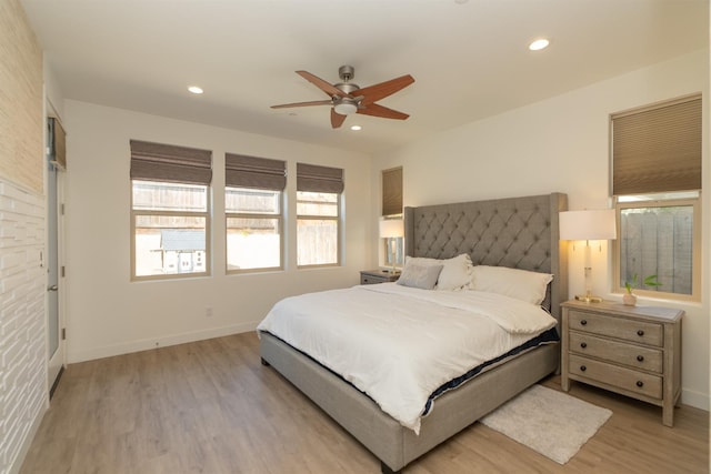 385 Fir St W, Madera, CA 93636 - bedroom with light wood finished floors, recessed lighting, baseboards, and a ceiling fan