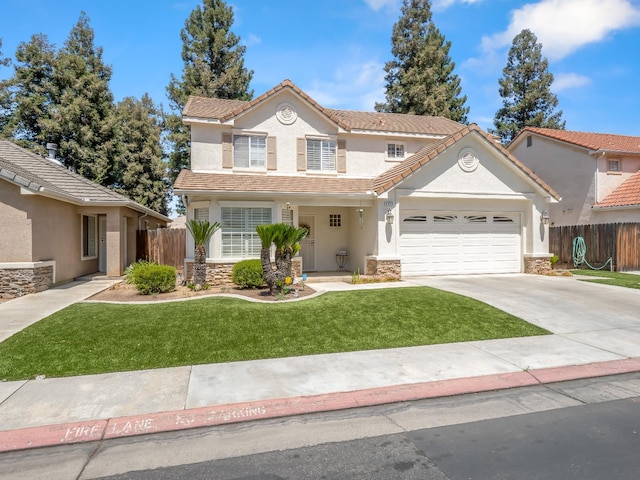 6424 N Allison Ln, Fresno, CA 93711 - view of front of property with stucco siding, stone siding, a garage, and driveway