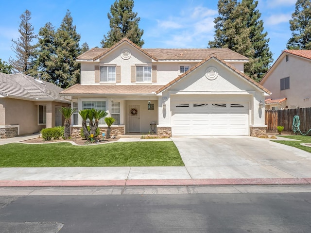 6424 N Allison Ln, Fresno, CA 93711 - view of front of house with stone siding, stucco siding, a garage, driveway, and a tile roof
