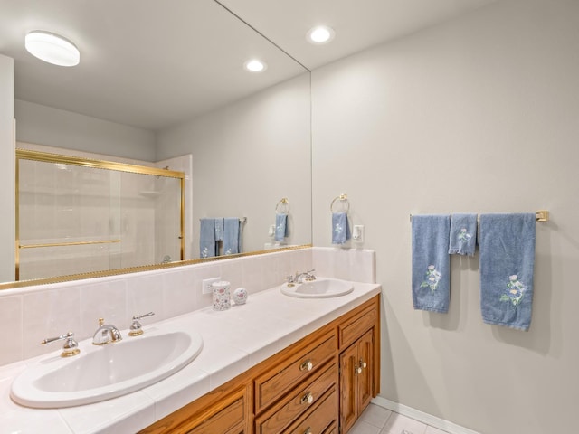 6424 N Allison Ln, Fresno, CA 93711 - full bath featuring double vanity, a stall shower, tile patterned floors, and recessed lighting