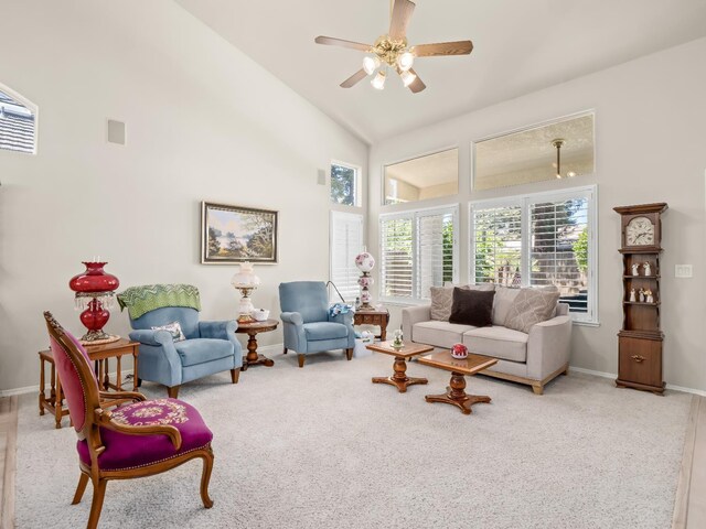 6424 N Allison Ln, Fresno, CA 93711 - carpeted living room featuring ceiling fan, baseboards, and high vaulted ceiling