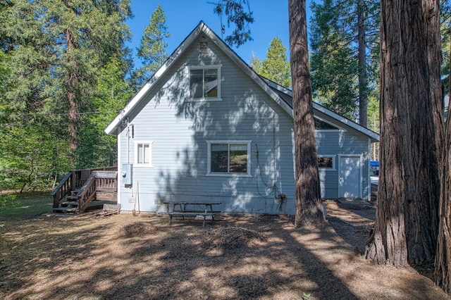 42357 Hanging Branch Rd, Shaver Lake, CA 93664 - back of house with a wooden deck and stairway