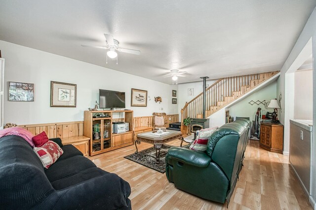 42357 Hanging Branch Rd, Shaver Lake, CA 93664 - living room featuring ceiling fan, stairs, and light wood-style floors